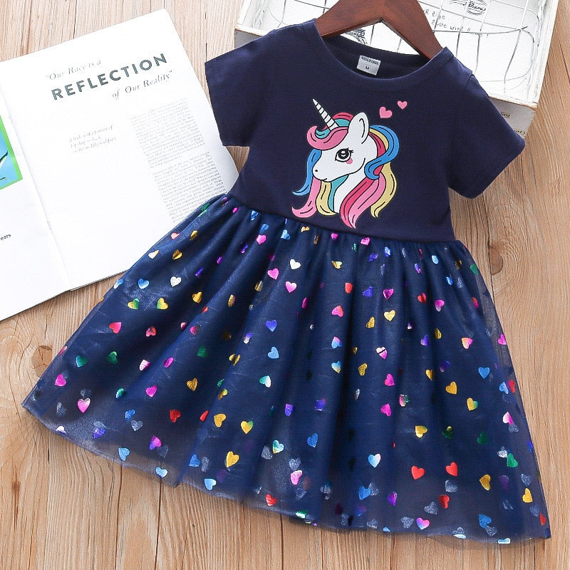 Girls Cotton Cartoon Unicorn Splicing Mesh Dress Allmartdeal