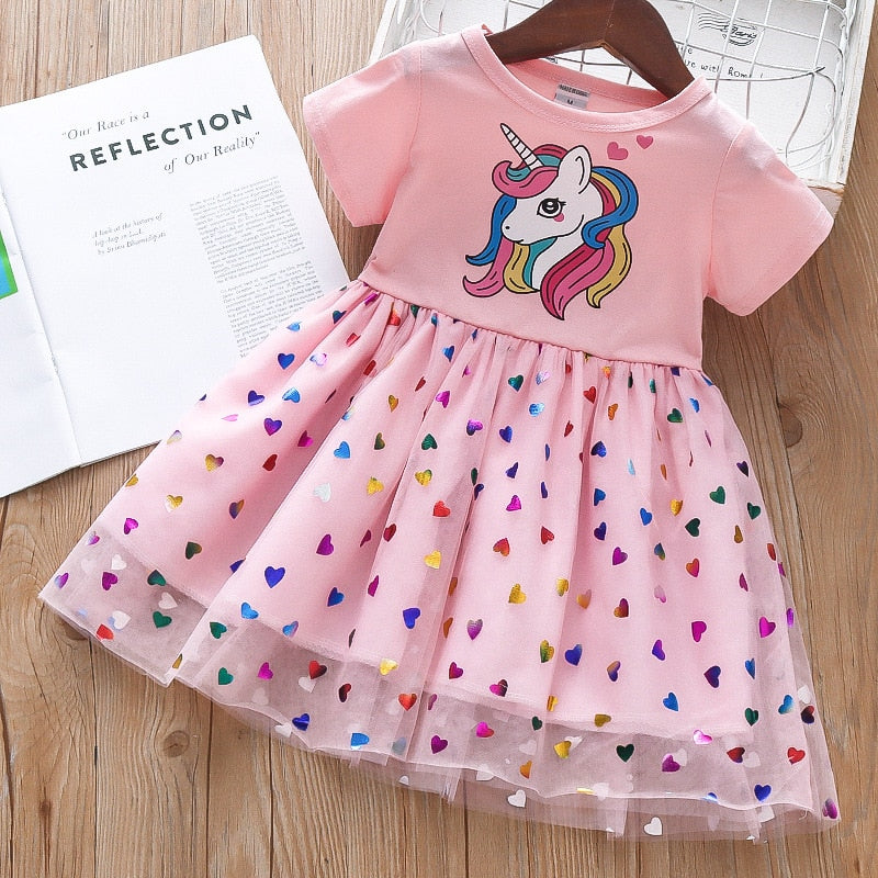 Girls Cotton Cartoon Unicorn Splicing Mesh Dress Allmartdeal