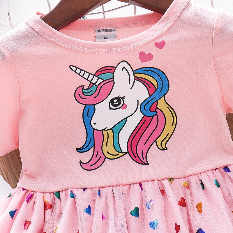 Girls Cotton Cartoon Unicorn Splicing Mesh Dress Allmartdeal