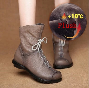Women's Genuine Leather Plush Retro Waterproof Short Boots