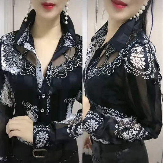 Women's Chiffon Lapel Stitching Buttons Blouse Tops