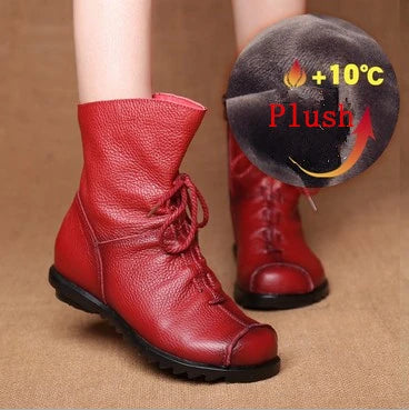 Women's Genuine Leather Plush Retro Waterproof Short Boots