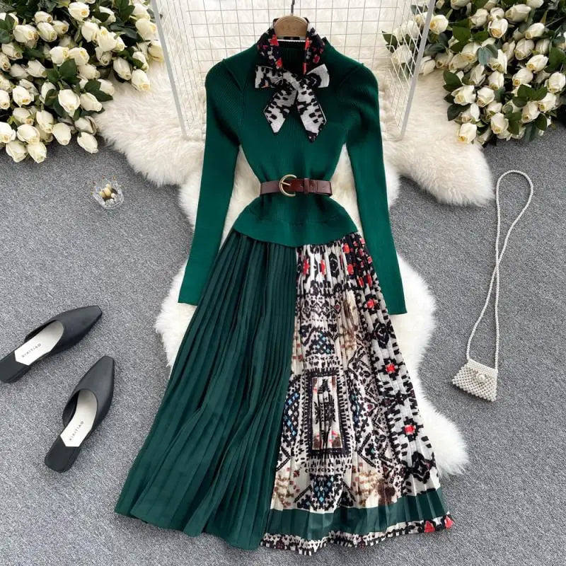 Women's Vintage Elastic Knitted Patchwork Pleated Dress