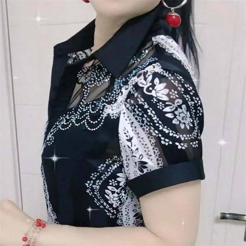 Women's Chiffon Lapel Stitching Buttons Blouse Tops