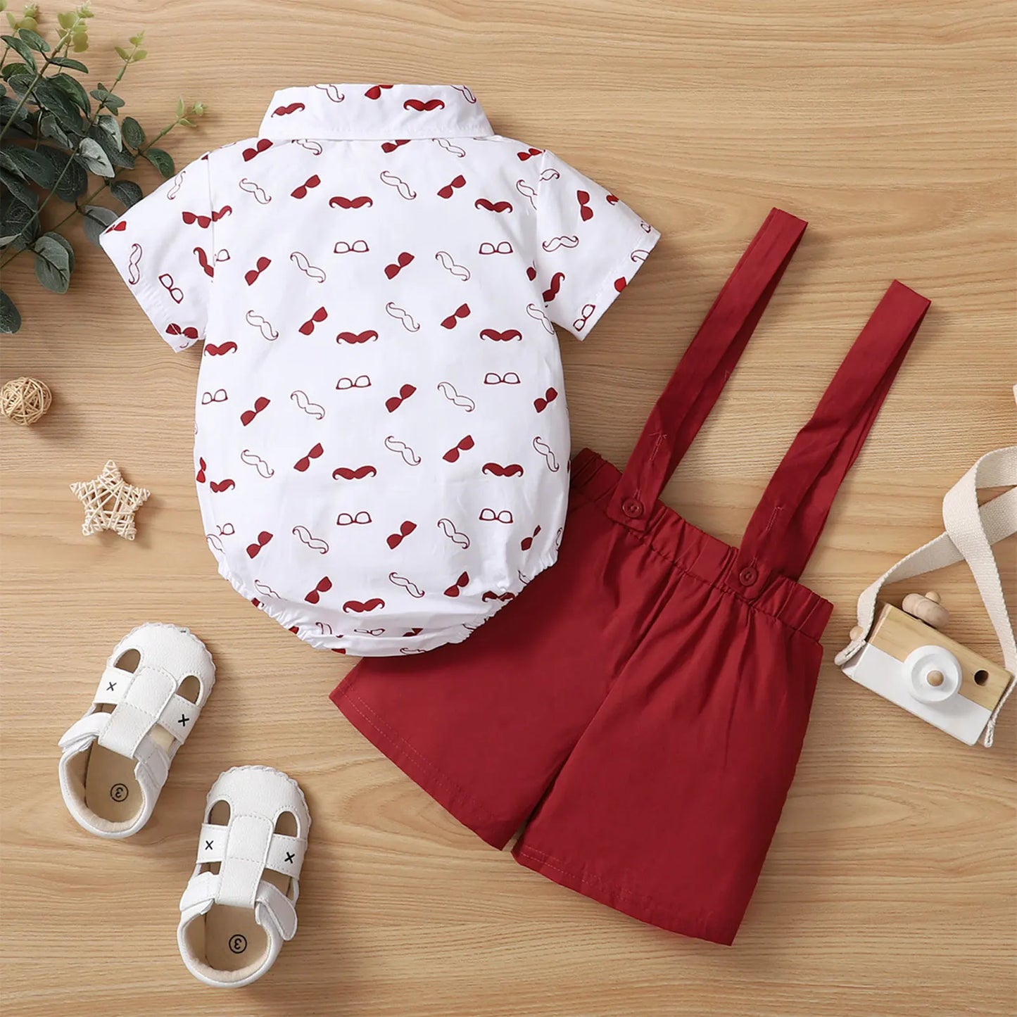 Baby Short Sleeve Lapel Neck Shirt Suspender Short Set