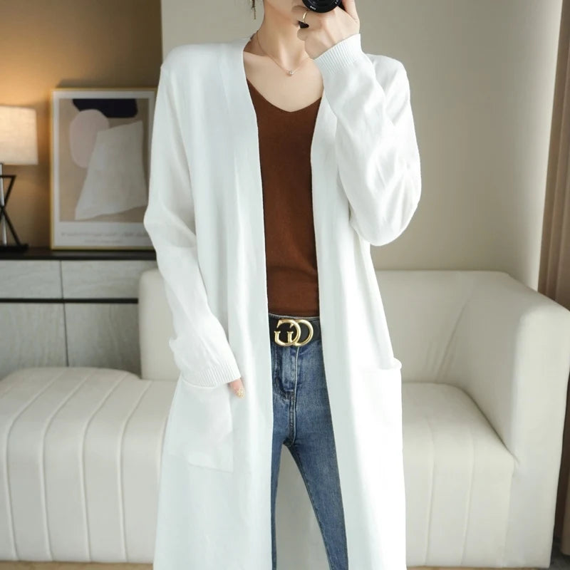 Women's Long Knitted V-Neck Cashmere Cardigan Sweater