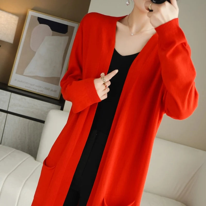 Women's Long Knitted V-Neck Cashmere Cardigan Sweater