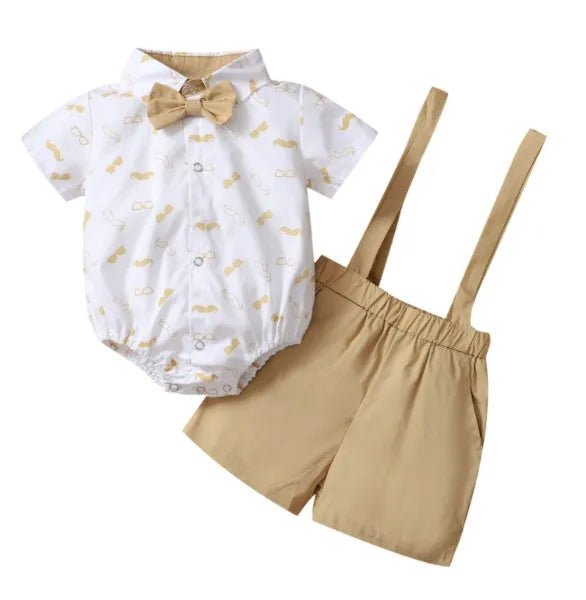 Baby Short Sleeve Lapel Neck Shirt Suspender Short Set