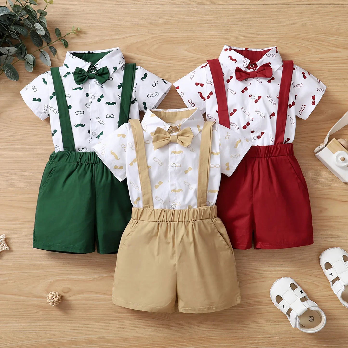 Baby Short Sleeve Lapel Neck Shirt Suspender Short Set
