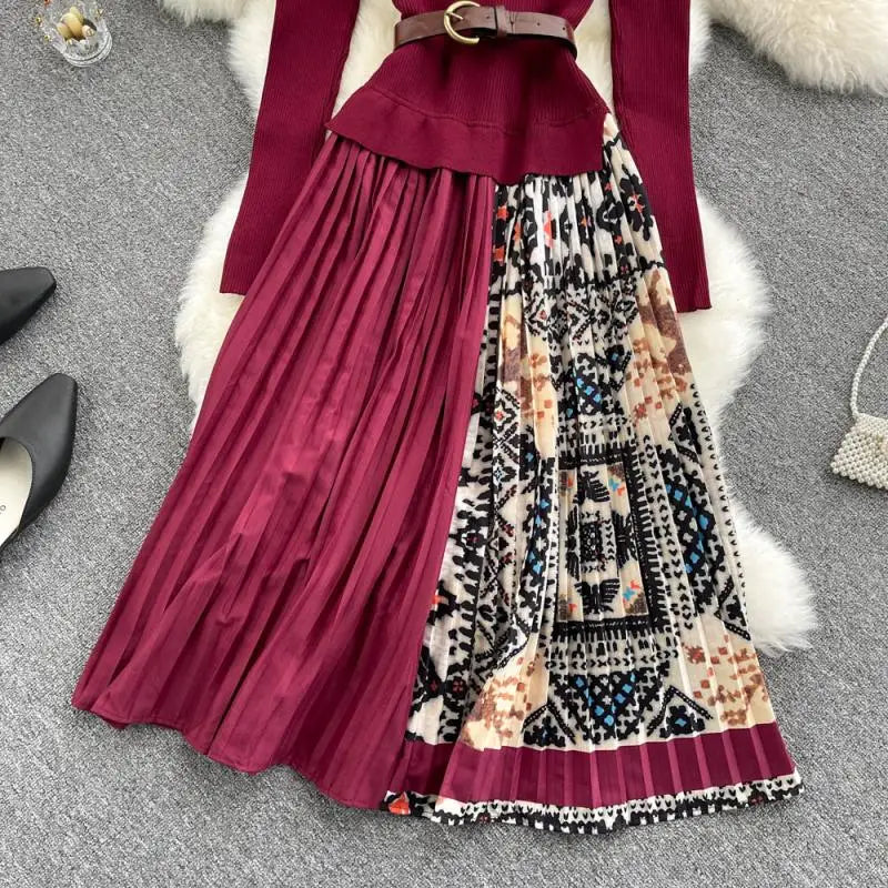 Women's Vintage Elastic Knitted Patchwork Pleated Dress