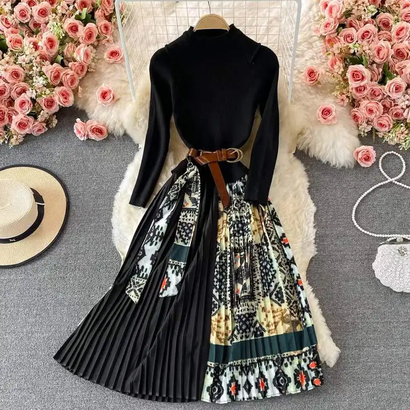 Women's Vintage Elastic Knitted Patchwork Pleated Dress