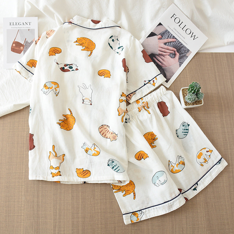 Women's 2Pcs Cotton Gauze Thin Short Sleeved Short Pajamas Set