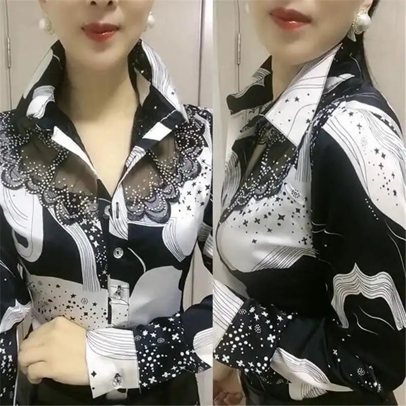 Women's Chiffon Lapel Stitching Buttons Blouse Tops