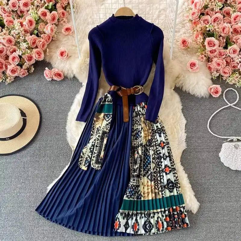 Women's Vintage Elastic Knitted Patchwork Pleated Dress