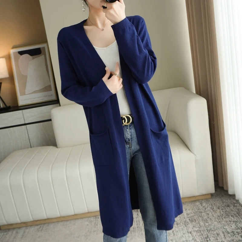 Women's Long Knitted V-Neck Cashmere Cardigan Sweater