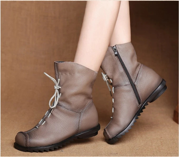Women's Genuine Leather Plush Retro Waterproof Short Boots