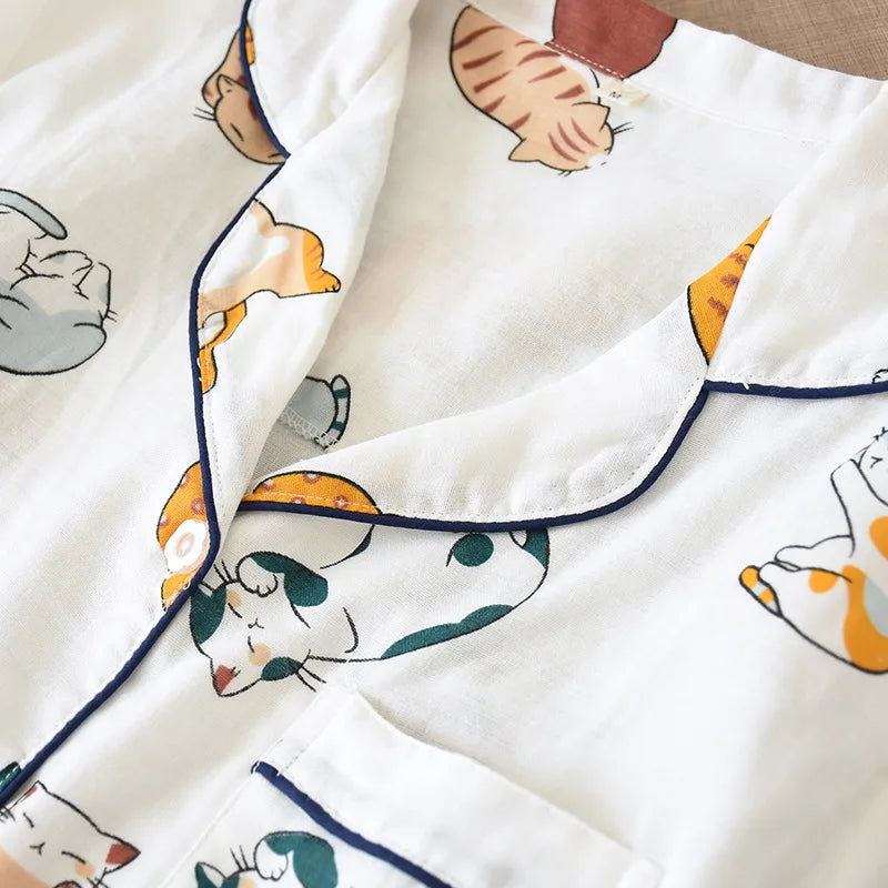 Women's 2Pcs Cotton Gauze Thin Short Sleeved Short Pajamas Set