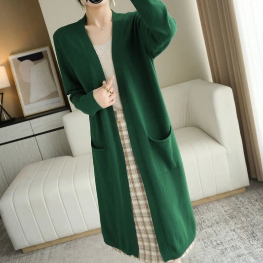 Women's Long Knitted V-Neck Cashmere Cardigan Sweater