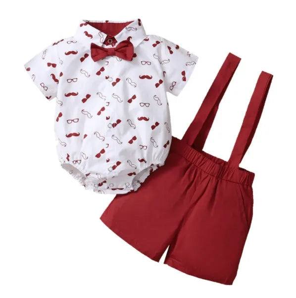 Baby Short Sleeve Lapel Neck Shirt Suspender Short Set