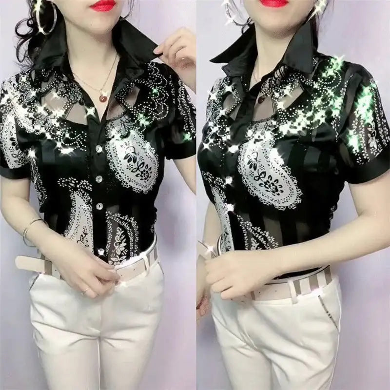 Women's Chiffon Lapel Stitching Buttons Blouse Tops
