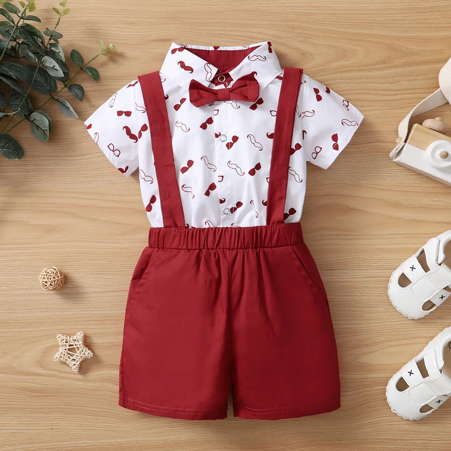 Baby Short Sleeve Lapel Neck Shirt Suspender Short Set