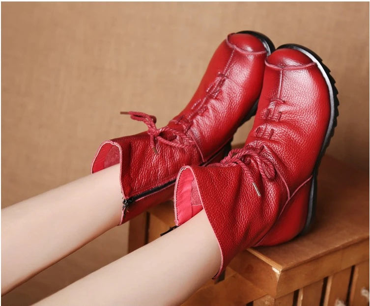 Women's Genuine Leather Plush Retro Waterproof Short Boots
