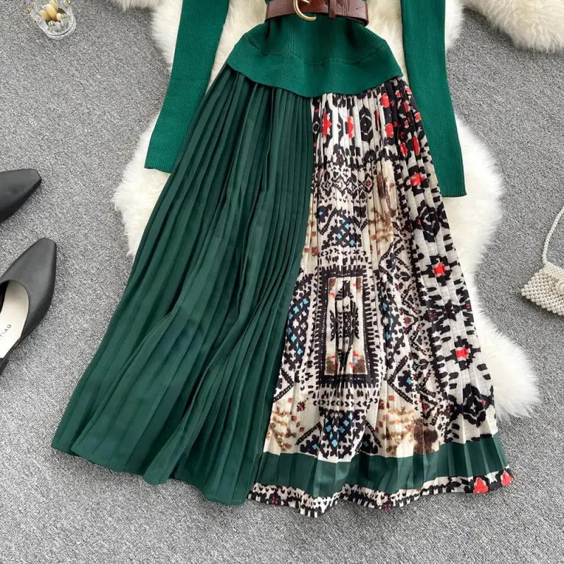 Women's Vintage Elastic Knitted Patchwork Pleated Dress