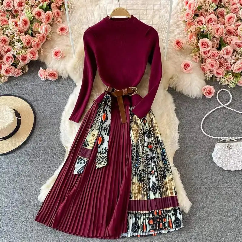 Women's Vintage Elastic Knitted Patchwork Pleated Dress