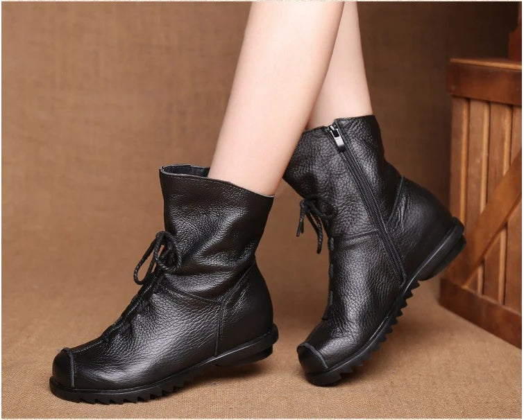 Women's Genuine Leather Plush Retro Waterproof Short Boots