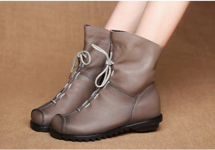 Women's Genuine Leather Plush Retro Waterproof Short Boots