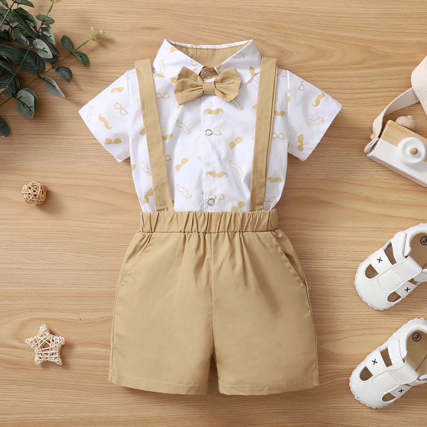 Baby Short Sleeve Lapel Neck Shirt Suspender Short Set