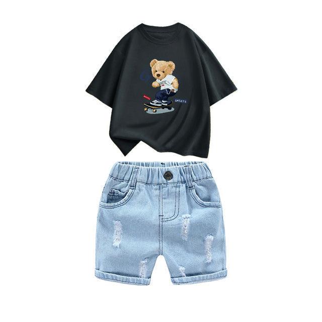 Kids 2Pcs Cotton T-Shirt And Hole Denim Short Set Allmartdeal