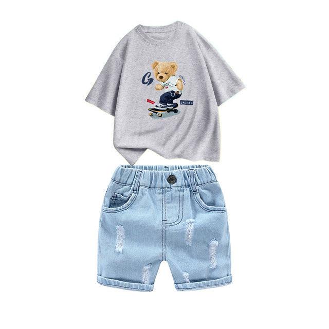 Kids 2Pcs Cotton T-Shirt And Hole Denim Short Set Allmartdeal