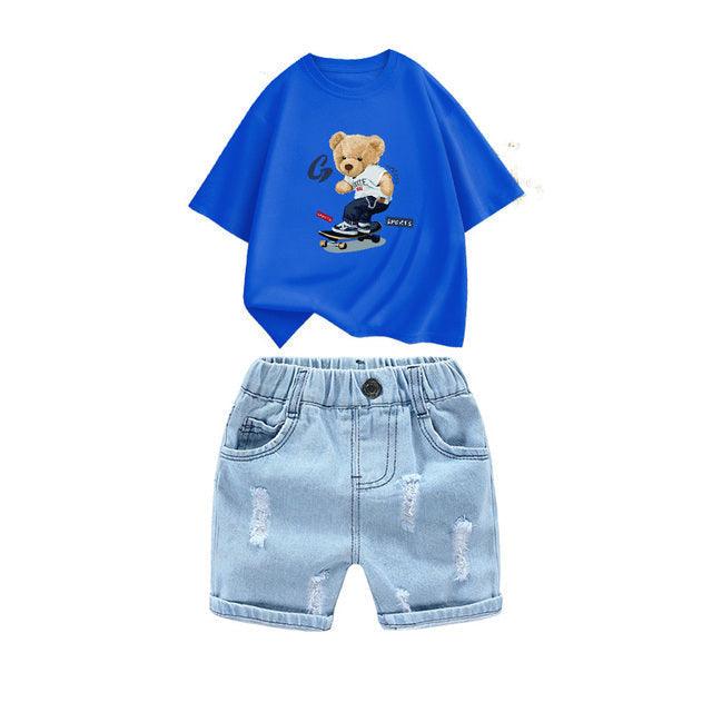 Kids 2Pcs Cotton T-Shirt And Hole Denim Short Set Allmartdeal