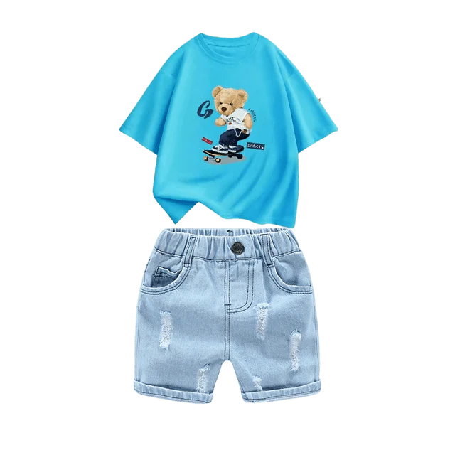 Kids 2Pcs Cotton T-Shirt And Hole Denim Short Set Allmartdeal