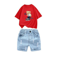 Kids 2Pcs Cotton T-Shirt And Hole Denim Short Set Allmartdeal