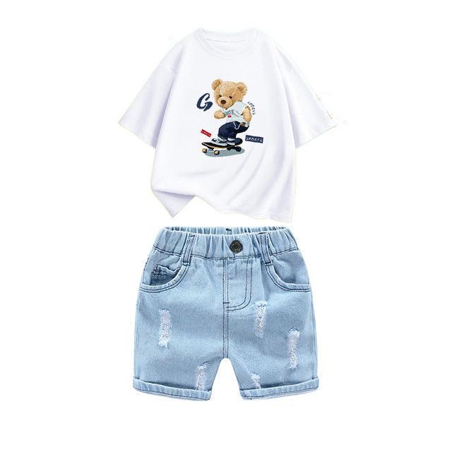 Kids 2Pcs Cotton T-Shirt And Hole Denim Short Set Allmartdeal