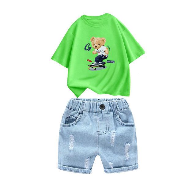 Kids 2Pcs Cotton T-Shirt And Hole Denim Short Set Allmartdeal