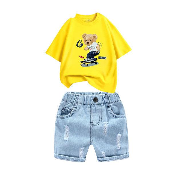 Kids 2Pcs Cotton T-Shirt And Hole Denim Short Set Allmartdeal