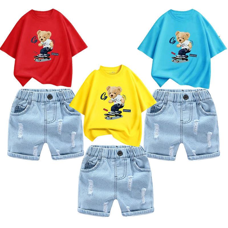 Kids 2Pcs Cotton T-Shirt And Hole Denim Short Set Allmartdeal