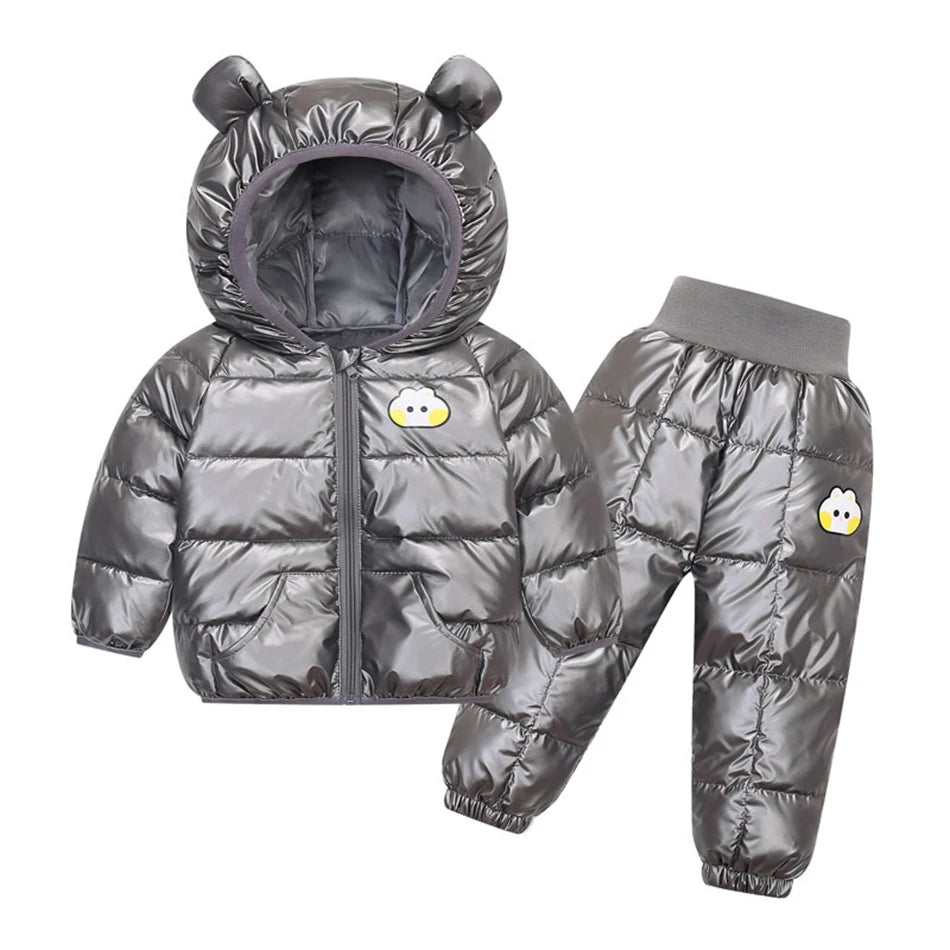 Kids Glossy Waterproof Hooded Zipper Snowsuit Set Allmartdeal