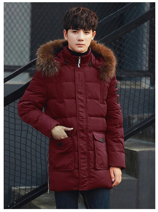 Men Fur Collar Puffy Hooded Long Jacket Allmartdeal