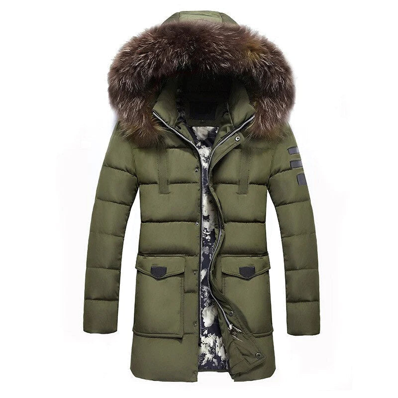 Men Fur Collar Puffy Hooded Long Jacket Allmartdeal