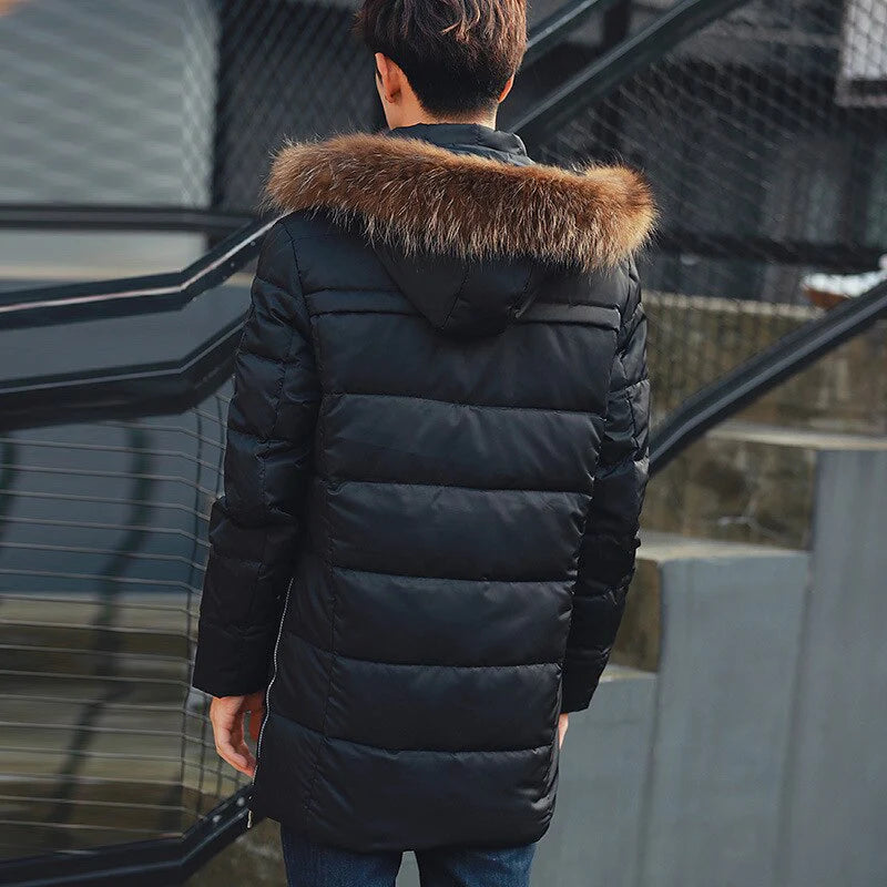 Men Fur Collar Puffy Hooded Long Jacket Allmartdeal