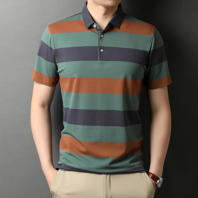 Men's Striped Turn Down Collar Polo Shirt Allmartdeal