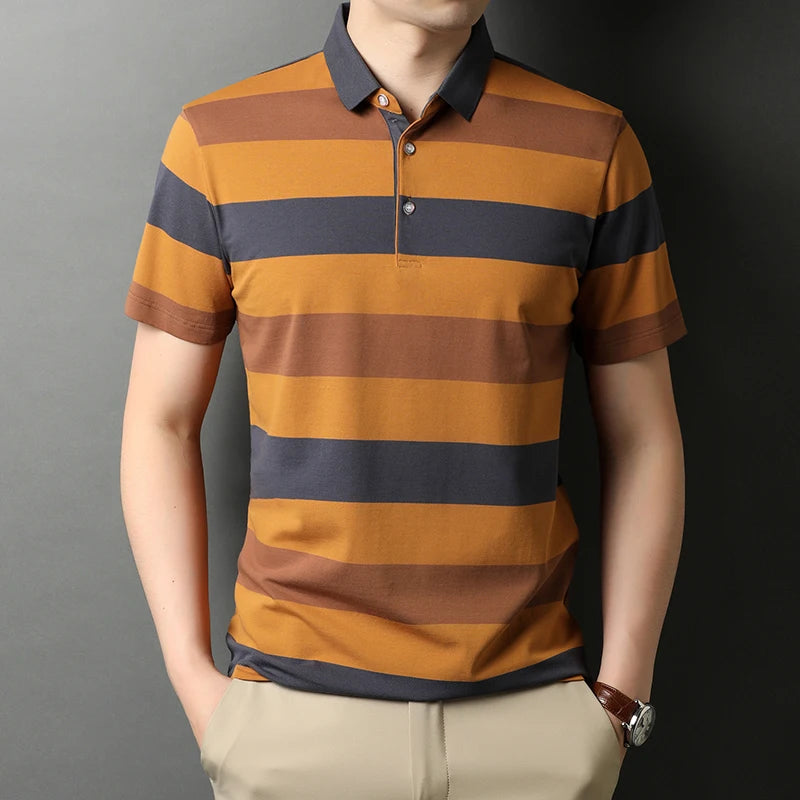 Men's Striped Turn Down Collar Polo Shirt Allmartdeal