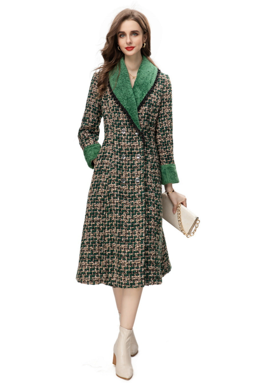 Women's Long Sleeve Studded Lapel Woolen Coat