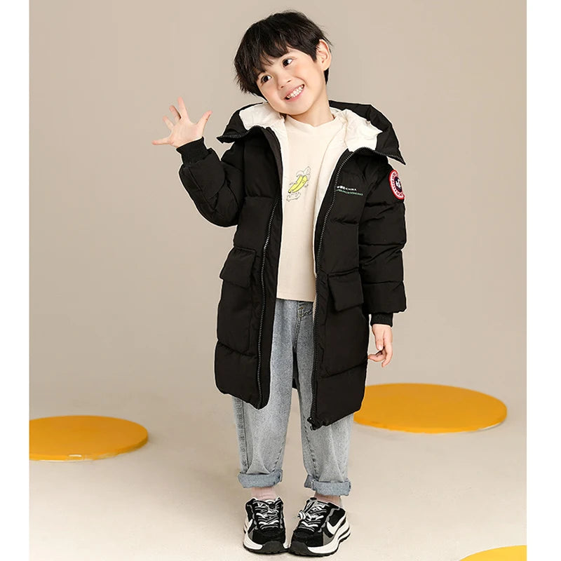 Kids' Solid Color Long Style Warm Hooded Jacket
