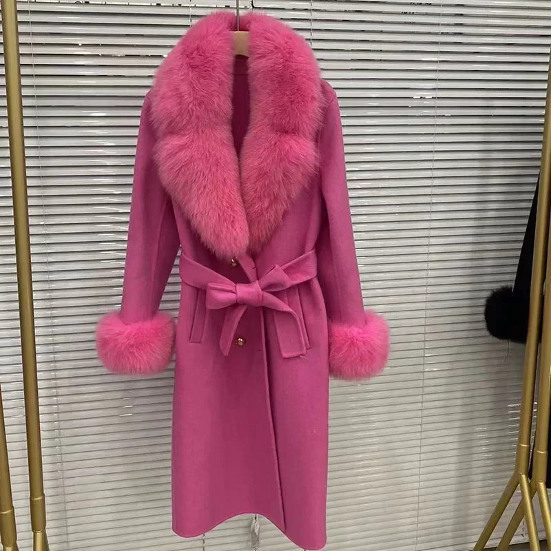 Women's Double Breasted Wool Cashmere Real Fox Fur Collar Coat