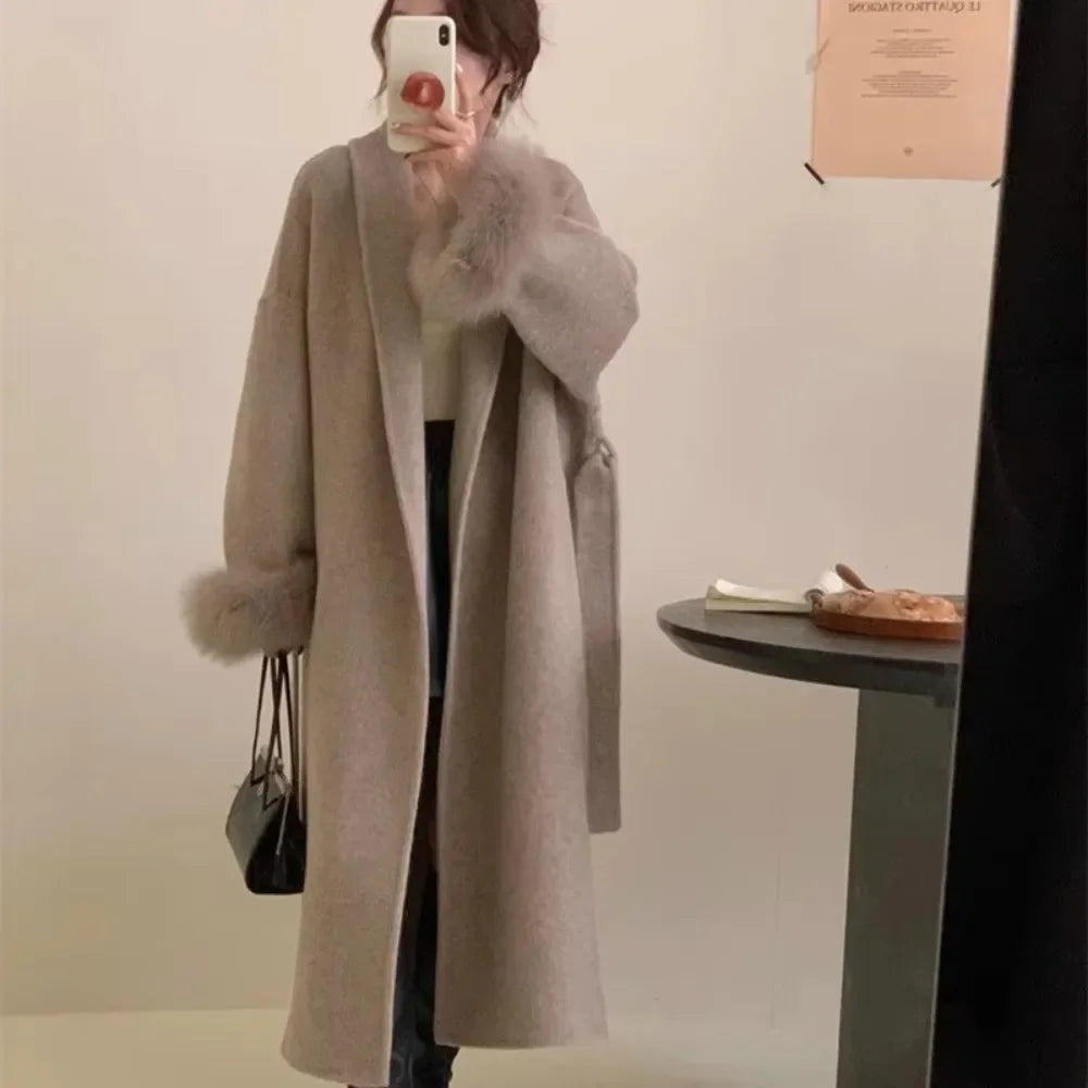 Women's Long Fur Woolen Double Sided Cashmere Coat